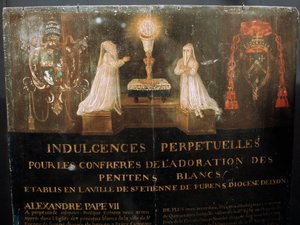 1668年頃、教皇アレクサンダー7世がサン・ステファン市の「白き懺悔者たちの会」のメンバーに与えた永久免罪符。木に描かれています。 作： Unknown artist