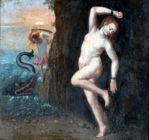 Persee et Andromede - Perseus and Andromeda par Anonymous, ca 1600 - 木に油彩, 62x65,4 - Ptuj Ormo_ Regional Museum 作： Unknown artist