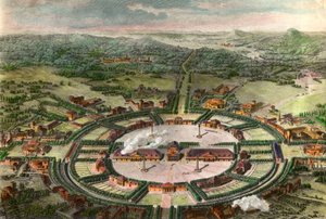 1774年にクロード・ニコラ・ルドゥー（1736-1806）が建設したショー近郊のアークとセナンの王立塩田（Arc-et-Senans）の透視図。1804年「ルネッサンスから革命までのフランス建築史」の後に描かれた版画 個人蔵