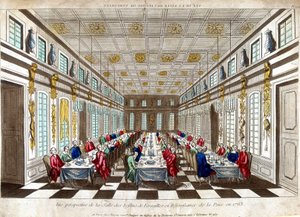 1763年、イギリス、フランス、スペインの和平を祝って行われたヴェルサイユ宮殿の祝祭の間の透視図。