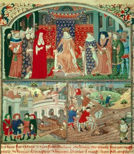 フィリップ・ザ・ベル・トルナン（1268-1314）の耕作シーンと商人シーン。Gilles de Rome（v.1247-1316）の「Livre du régime des princes」のミニチュア、パリ、B N 作： Unknown artist