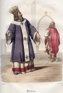 フォティオス1世（Photius, Fotios）（810-893）、コンスタンティノープル総主教、867年に皇帝ミカエル3世が殺害された後、ビザンチン帝国の皇帝バジル1世（マケドニア人）（813-886）を教会から追放。 作： Unknown artist