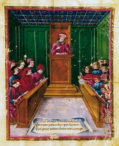 ボローニャ大学の法学部の講義で生徒に法文を講義するピエトロ・ダ・ウンゾラ イタリア、ボノニアエ写本Liber iurium et privilegiorum notariorumのミニチュア 作： Unknown artist