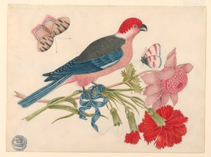 花と蝶と枝にピンク、赤、青、および黒の鳥 作： Unknown artist