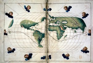 Planisphere（または世界地図）。1543年頃のバッティスタ・アグネーゼ（1500-1564）のアトラスに掲載された地理図。パリ、B.N.