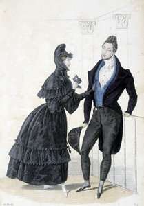 1830年代の男性的・女性的なファッションを描いたプレート。女性はフード付きのドレスを着て、手にはプロムのマスクを持っている。 作： Unknown artist