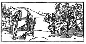 教皇レオ1世がアッティラと出会い、止めを刺す - Voragine（1228-1298）のJacobus（James）による "Leben der Heiligen - sommerteil"（聖者の書）からのエングレーヴィング。リュベック1488年 作： Unknown artist