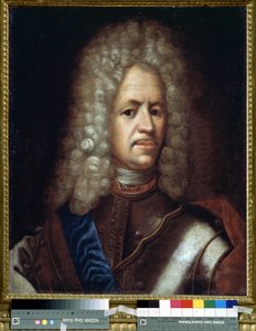 アレクサンドル ダニロヴィッチ メンシコフ、大元帥、神聖ローマ帝国の王子、ハンガリー公 (1673-1729) の肖像。 匿名の絵。 キャンバスに油彩、61 x 50 cm、1720 年頃。ロココ アート。 国立歴史博物館、モスクワ。 作： Unknown artist