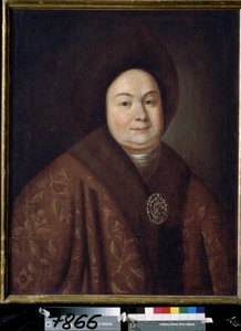 ロシアのピョートル 1 世の妻、ツァリナ エウドクシア フェオドロフナ ロプヒナ (1669-1731) の肖像 (ロシアのツァーリ ピョートル 1 世の妻、ツァリナ エヴドキヤ フョードロヴナ ロプヒナの肖像)。 匿名の絵。 キャンバスに油彩、80 x 63 cm、18 世紀初頭。 st 作： Unknown artist