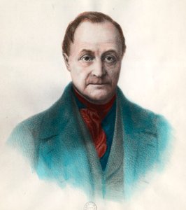 フランスの哲学者、オーギュスト・コンテ（1798-1857）の肖像。19世紀のエングレーヴィング。個人蔵。 作： Unknown artist