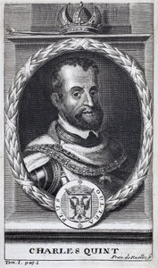 スペインとスペイン領アメリカの王、シチリアの王、神聖ローマ帝国ゲルマン皇帝（1519-1556年）であるシャルル5世（1500-1558年）の肖像。フラミアヌス・ストラーダ著『フランドル戦争史』の挿絵、ジョセフ・T・セルステヴァンス版 作： Unknown artist