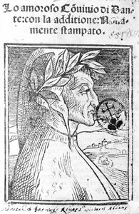 イタリアの詩人、ダンテ・アリギエーリ（1265〜1321）の肖像。Il Convivio "の正面図 作： Unknown artist