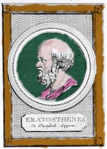 ギリシャの科学者、地理学者、詩人であるキュレネのエラトステネ（紀元前284年頃～紀元前194年）の肖像。アレクサンドリア図書館の館長を務め、地球の子午線の測定を計算した。アフターの肖像。"Galleria degli antichi greci e romani" 作： Unknown artist