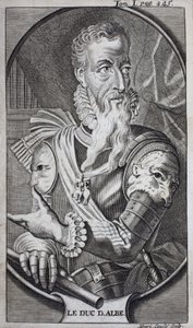 フェルディナンド・アルヴァーレ・デ・トレド（1507-1582）の肖像。アルバ第3公爵、スペイン大公、ウエスカル公爵、コリア侯爵、サルバティエラ伯爵、ナポリ（イタリア）副王、オランダ（オランダ）総督。History of t t」を説明するためのエングレーヴィング。 作： Unknown artist