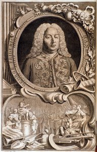 ゲオルク・フリードリヒ・ヘンデル（ou Handel）（1685-1759）の肖像 「アレキサンダーの饗宴」の正面図 18世紀。ボローニャ、civico museo bibliografico