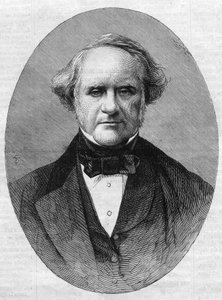 ジョージ・ピーボディ（1795-1869）の肖像。米国メリーランド州のジョンズ・ホプキンス大学にピーボディ・インスティテュート・コンサーバトリーを設立した起業家・慈善家。The Illustrious Universe "に掲載された版画 作： Unknown artist