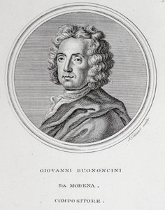 イタリアのバロック音楽の作曲家、チェリストであるジョヴァンニ・バッティスタ・ボノンチーニ（1670-1747）の肖像 エングレーヴィング。18世紀ボローニャ、市民書誌学博物館 作： Unknown artist