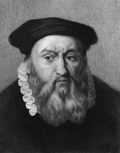 フランスの宗教改革者・作家であるジャン・カルヴァン（1509～1564年）の肖像 - ラヴァレの『フランス史』に掲載されている、n.d.のエングレーヴィング。 作： Unknown artist