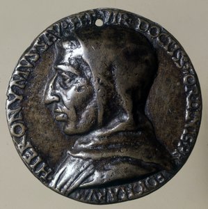 ジェローム・サボナローラまたはジローラモ・サボナローラ（1452 - 1498）の肖像。フィレンツェに神道的な政権を築いた。当時のロケット。
