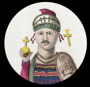 ユスティニアヌス1世（大帝）の肖像（Flavius Petrus Sabbatius Justinianus）（482-565）。オリエントのローマ皇帝。19世紀のエングレーヴィング。