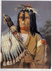 カルメットを持ったKee-Ake-Saa-Ka-Wowの肖像-Paul Kane著「Wandering of an artist among the indians of North America」（Longmans & Roberts, London）より 作： Unknown artist