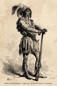 フロリダ戦争（1835年〜1842年）の際、アメリカに対するインディアンの抵抗の先頭に立ったセミノール族のリーダー、オセオラ（1804年〜1838年）の肖像。1851年から1852年にAchille Pousselgueによって出版された『four months in Florida』という物語を説明するためのエングレーヴィング。 作： Unknown artist