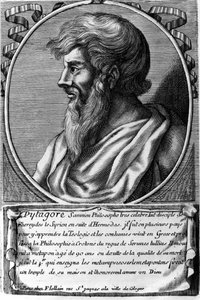 ギリシャの数学者・哲学者、ピタゴラス（紀元前570年頃〜紀元前480年頃）の肖像。18世紀のエングレーヴィング 作： Unknown artist