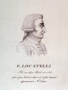 イタリアのヴァイオリニスト兼作曲家ピエトロ・ロカテッリ（1695-1762）の肖像 エングレーヴィング。18世紀ボローニャ市立音楽博物館 作： Unknown artist