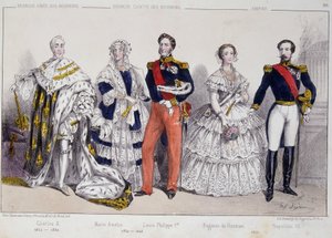 ブルボン家の肖像。左から右へ。シャルル10世（1757-1836）、マリー・アメリ（1782 - 1866）、ルイ・フィリップ1世（1773-1850）、ウジェニー・ド・グズマン（1826-1920）、ナポレオン3世（1808-1873）。 作： Unknown artist