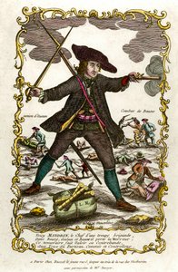 フランスの山賊、ルイ・マンドリン（1725年頃〜1755年）の肖像。後ろにはオートゥンの行動とボーヌの戦いが描かれている。18世紀のエングレーヴィング。個人蔵 作： Unknown artist