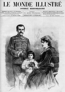 セルビア国王ミラン1世（ミラン・オブレノヴィッチ）（1854-1901）の肖像で、ナタリー王妃と王位継承者のアレクサンダー王子に囲まれている（『The Illustrous World 1885』所収）。 作： Unknown artist