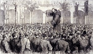 1858年にベルナデット・スービロウス（1844-1879）に聖母が現れたピレネー山脈の高地にあるルルド（現在の巡礼地）に来たペレランに対するカプチン修道士の予言。1877年に描かれた版画 作： Unknown artist