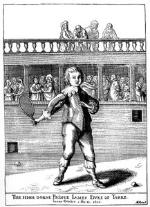 パームゲームをするヨーク公爵ジェームズ王子（1633-1701）、後にイングランドのジェームズ2世（ジェームズ2世スチュアート）として復帰 - Joseph Strutt, ed 1801の "the sports and pastimes of the people of the England "に掲載されています。 作： Unknown artist