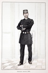 主任検査官（1894年）。アルフレッド・レイ(1864-?)とルイ・フェロン(1862-?)がセーヌ川の警察官だったルイ・ルピーヌ(1846-1933)の後援で出版した本「平和の戦士たちの歴史」の挿絵のためのカラー・エッチング。