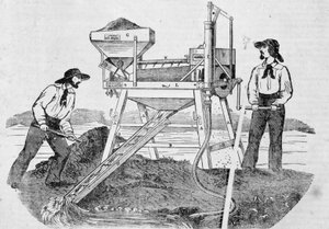パブ「The Fortune, Company of Gold Mines of California」：2人のゴールドディガーが洗濯機で金を混ぜる作業をしている様子を描いた画像-6月25日付「the Charivari」紙にて
