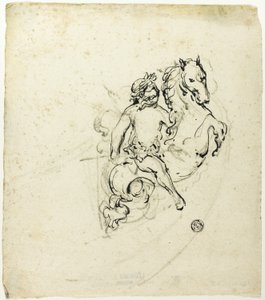 跳ね馬に乗り、月桂樹の冠をかぶったプットー 作： Unknown artist