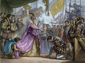 エリザベス1世（1530-1603）がフランシス・ドレーク（1540-96）にナイトを授与 - フランシス・ドレーク（1540-1596）によるソフト化 作： Unknown artist