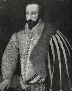 ローリー、サー・ウォルター（1554-1618）。イギリスの船乗り、探検家、仲買人。ウォルター・ローリー卿の肖像。ロンドン国立肖像画美術館に保存されている匿名の原画をもとに、1891年にエングレーヴィングされた。エングレーヴィング。 作： Unknown artist