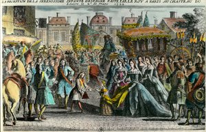 1722年3月2日、パリのルーヴル美術館で行われたルイ15世によるスペインのインファンテ、マリー・アン・ヴィクトワール（1718-1781）のレセプション。マリアナ・ヴィクトリア・デ・ボルボンは、3歳でルイ15世と婚約し、11歳で結婚した。 18世紀のエングレーヴィングである。個人蔵 作： Unknown artist