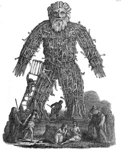 ガリア人の宗教：ガリア人の人間の生け贄。ドルイドは、大規模な公共の場であるクラミテにおいて、あるいは強大な敵との戦いに突入する前に、人間の大虐殺を行うことを導入した。人間を模した巨大なマネキンが作られ、その中には 作： Unknown artist