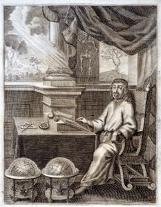 ルネ・デカルト（1596 - 1650）のオフィスで科学機器を持つ。17世紀のエングレーヴィング。 作： Unknown artist