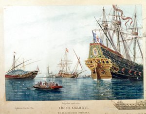 16世紀のイタリアの船、ガレール、ブリガンティンの表現（水彩画 作： Unknown artist