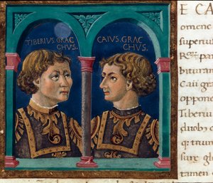 グラッキ家と呼ばれるティベリウス・センプロニウス・グラッコ（紀元前162～133年）と弟のカイウス・センプロニウス・グラッコ（紀元前154～122年）、ローマの政治家（ティベリオ・センプロニオ・グラッコ（紀元前162～133年）とガイオ（カイオ）・センプロニオ・グラッコ（紀元前154～122年）（ティバノ）とカイウ）を表しています。 作： Unknown artist