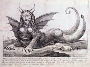 人間の顔、角、竜の翼、ライオンのたてがみ、爬虫類の体、女性の胸を持つペルーの湖で発見された怪物、ハーピーの表現（1784年印刷 作： Unknown artist