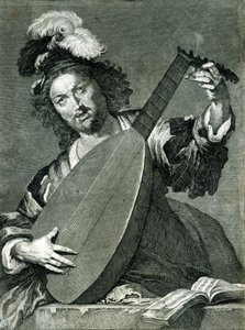 リュート奏者が楽器のチューニングをしている様子を表現しています。 作： Unknown artist