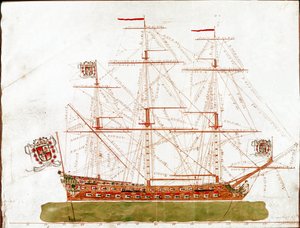 17世紀の軍艦の表現（水彩画 作： Unknown artist