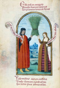 カトリックの王フェルディナンド2世（1452-1516）とカスティーリャのイザベラ1世（1451-1504）が野生のフェンネルのブーツを持っている様子を表現しています。ペドロ・マルクーリョ著「スペイン女王ジョアン・ザ・フォル（1479-1555）の献身コレクション」より引用した原稿のページ 作： Unknown artist