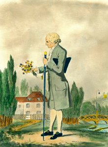 スイスの哲学者ジャン・ジャック・ルソー（1712-1778）がエルメノンヴィルで花を摘んでいる様子を表現したもの。18世紀のエングレーヴィング。個人蔵。 作： Unknown artist