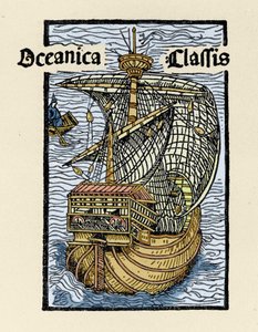 クリストファー・コロンブス（1451-1506）によるカラベル「サンタ・マリア号」の表現。De insulis in mare Indico super inventis", Bale 1493-1494 (コロンブスのスペイン王への報告書のラテン語訳)からの版画。 作： Unknown artist