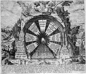 永遠の命を象徴する「神秘の家」の入り口の表現。Amphitheatrum sapientiae aeternae（永遠の知恵の円形劇場）」のエングレーヴィング。(永遠の知恵の円形劇場） [Hamburg: s.n. 作： Unknown artist